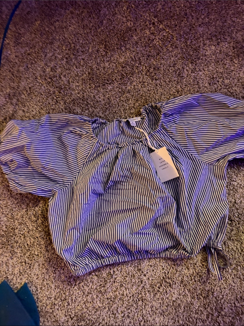 Striped Off-Shoulder Puff Sleeve Top - Blue/White
